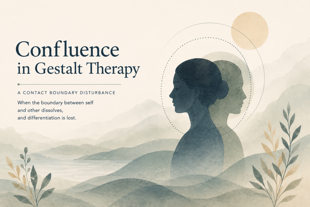 Two people sitting very close together in identical postures, representing confluence in Gestalt therapy — the loss of differentiation in relationship